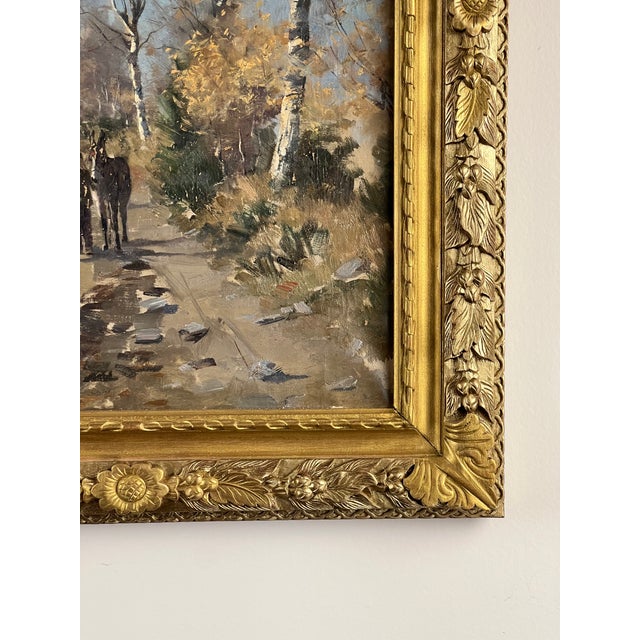 Blue Antique Continental School Oil on Canvas Painting “Man and His Donkey on a Birch Lined Path” Unsigned C. Late 19th Century For Sale - Image 8 of 9