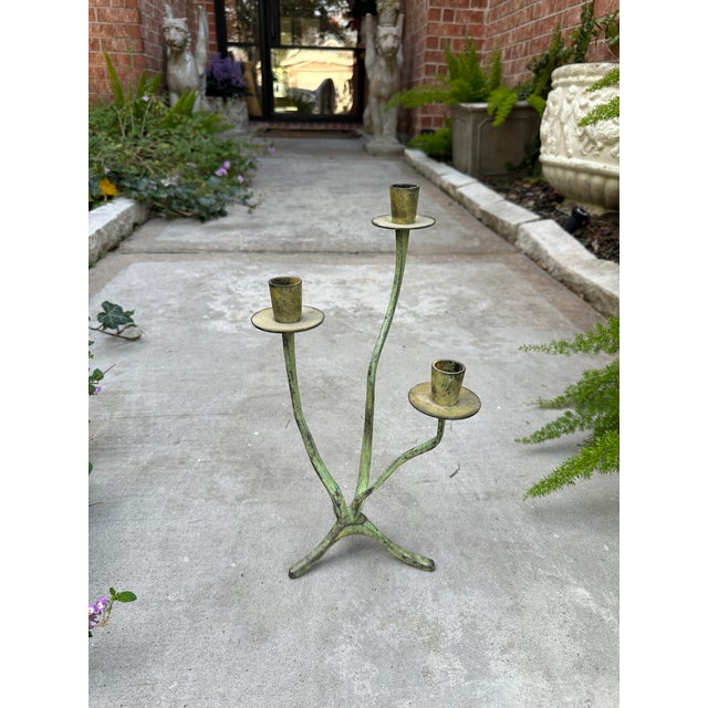 Traditional Vintage Verdigris Brass Three-Arm Candelabra | Sculptural Organic Form For Sale - Image 3 of 8