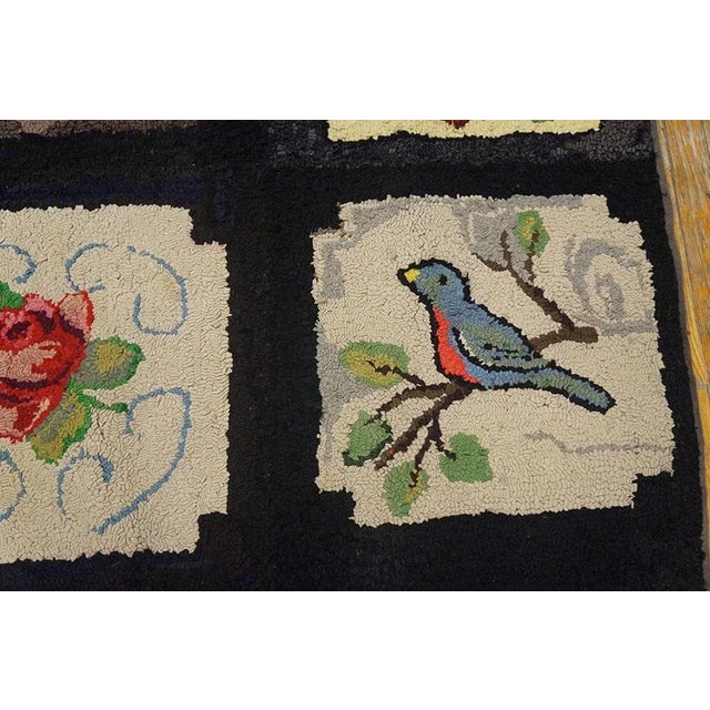 1930s Black Roses Birds Folk Art Antique American Hooked Rug 7' 10'' X 7' 10'' Woven Wool Carpet For Sale In New York - Image 6 of 9