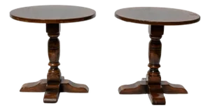 1920s Pair of Low Round Oak Cocktail Tables With Turned Column Supports on Splayed Feet