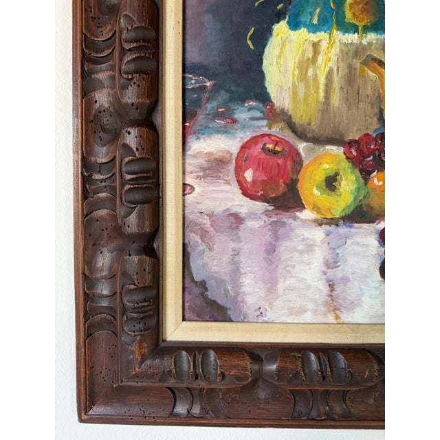 1960's Mid-Century Wine & Fruits Oil Painting on Masonite Board – Framed For Sale - Image 9 of 15