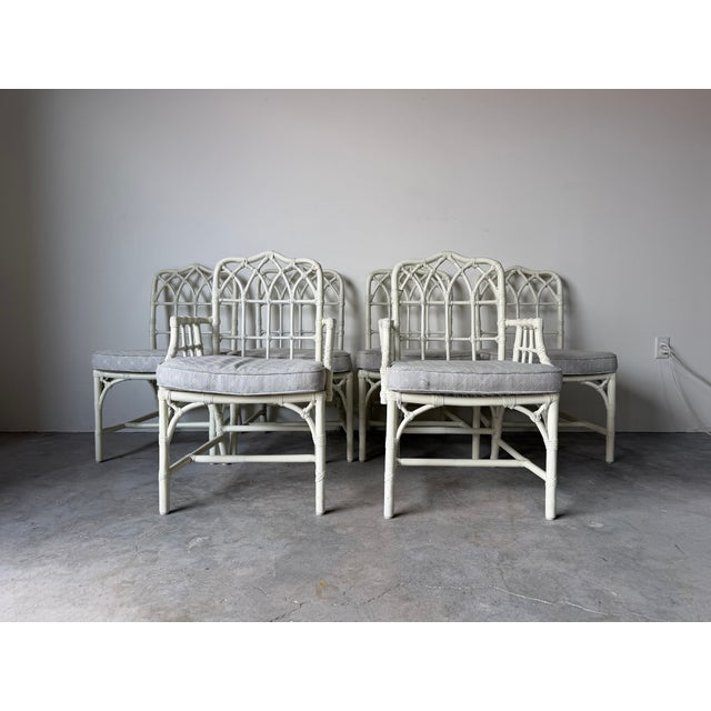 Coastal 1970's McGuire Palm Beach Coastal - Style White Bamboo & Leather Wrapped Dining Chairs – Set of 6 For Sale - Image 3 of 18