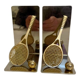 Pair of Polished Brass and Chrome Tennis Racket Bookends For Sale
