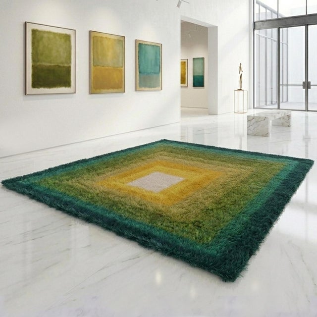 1970s Mid-Century Modern "Homage to the Square" Shag Rug. Experience the vibrant intersection of fine art and interior...