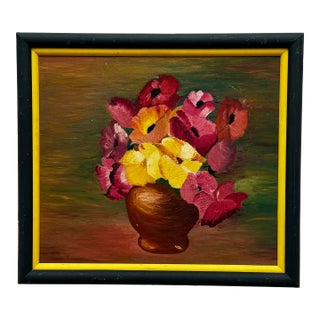 Vintage Mid Century Impressionist "Poppy" Floral Still Life Original Oil Framed Painting in Bottle Green, Dark Pink & Canary Yellow For Sale