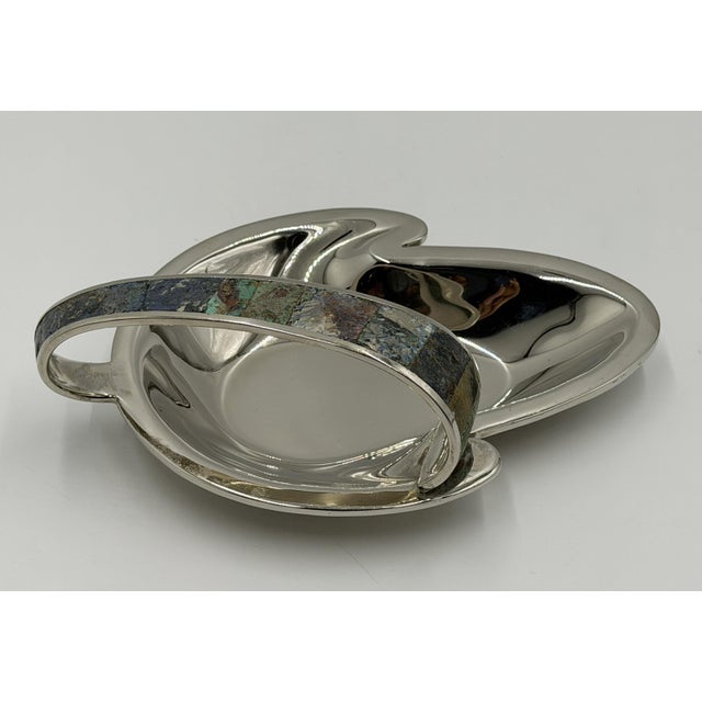 Los Castillo Taxco Silver Plate Malachite & Lapis Catchall Dish, Mexico 1960s For Sale - Image 9 of 18