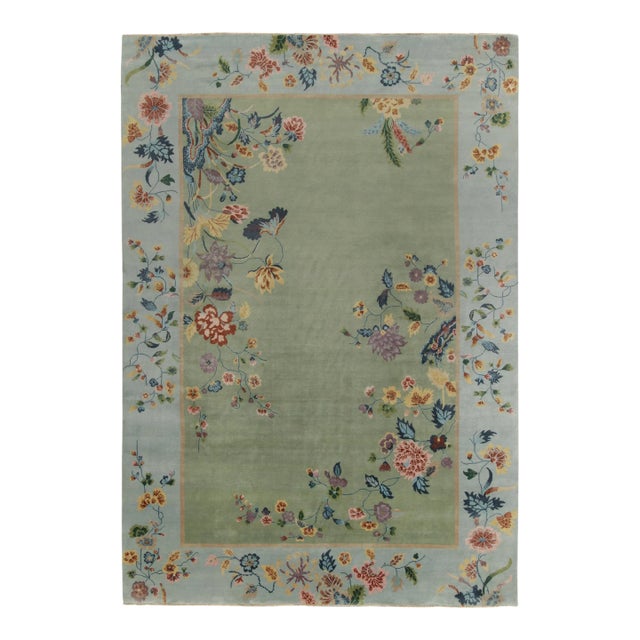 Rug & Kilim Chinese Style Art Deco Rug in Green with Blue Border & Floral Patterns - 9'x12' For Sale