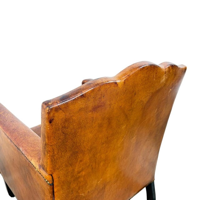 1920s Antique French Moustache Cognac Leather Club Chair, 1920s For Sale - Image 5 of 13