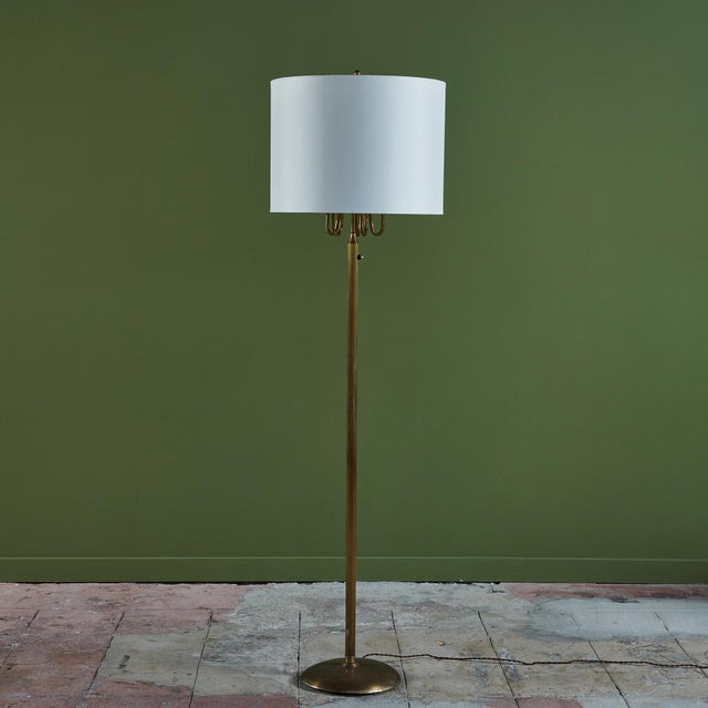 Mid-Century Modern Brass Candelabra Floor Lamp With Silk Shade For Sale - Image 3 of 11