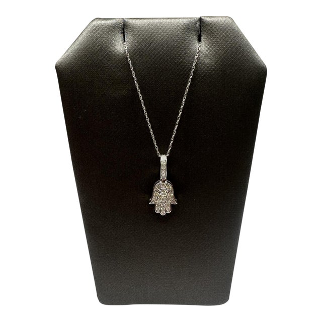 Diamond Hamsa Necklace in 10kt White Gold – 0.25ctw, 18in, New For Sale