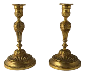 French Gold Gilt Bronze Candlesticks Holders, 19th Century, Pair