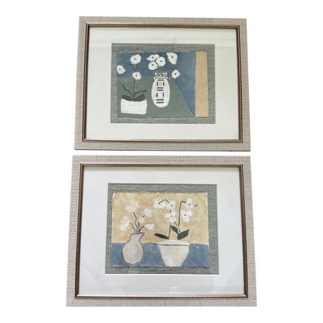 Pair of Original Acrylic Tablescape Paintings Matted and Framed For Sale
