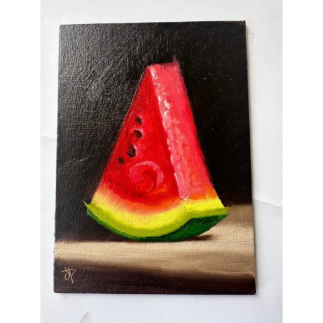 Early 21st Century Watermelon Slice Oil on Board Gilt Handmade Signed Still Life Fruit Unframed For Sale In Los Angeles - Image 6 of 10