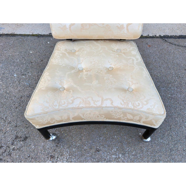 1950s Vintage Mid-Century Modern Slipper Lounge Chair, Ebonized Frame, Chrome Ball Casters, Tufted Brocade, Probber Style For Sale - Image 5 of 11