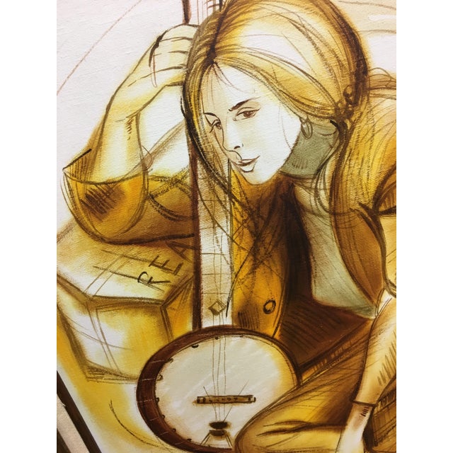 Late 20th Century "Lady with Banjo" Figurative Drawing by Ponselle, Framed For Sale - Image 4 of 8