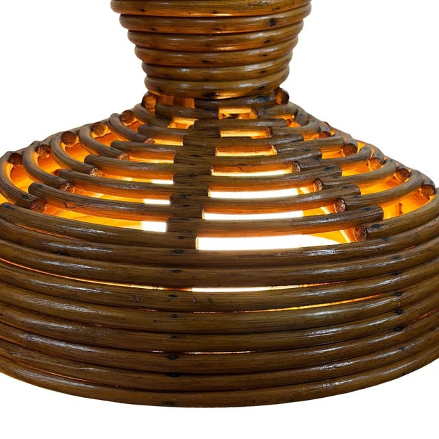 Brown Restored Mid-Century Hanging Rattan Ceiling Lamp Chandelier W/ Center Globe For Sale - Image 8 of 9