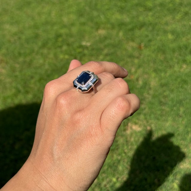 3.63ct Emerald-Cut Blue Sapphire Diamond Victorian Ring in 18k White Gold Size 5 For Sale - Image 10 of 17