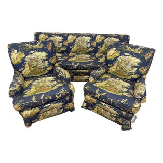 Vintage Bench-Made 3-Piece Living Room Set in Schumacher "Dog & Duck" Indigo Linen – Sofa & 2 Matching Chairs For Sale