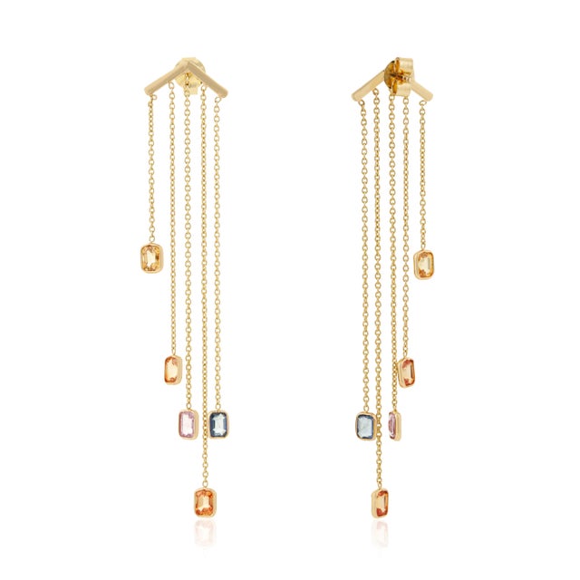 Contemporary 2.43ct Multi Sapphire Long Chain Drop Earrings in 14k Yellow Gold- A Pair For Sale - Image 4 of 12
