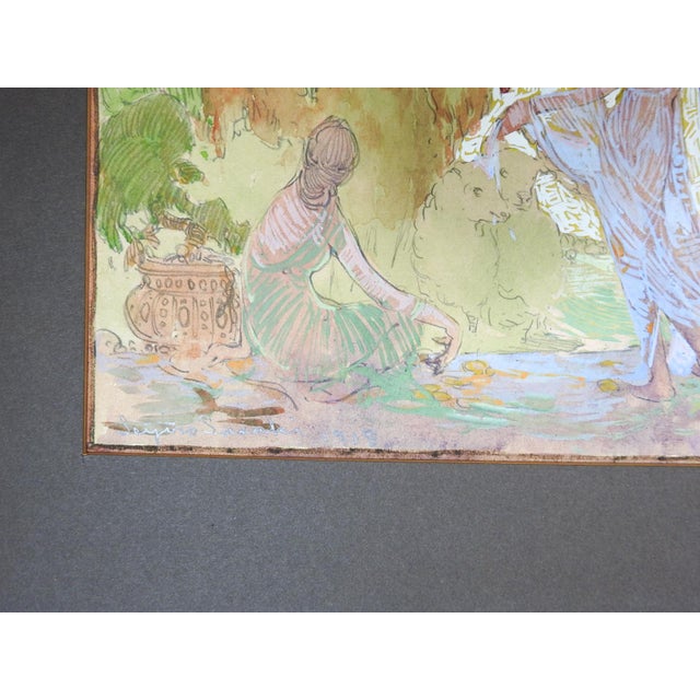 1918 gouache on artist board painting of garden party scene with classically draped women in an Art Nouveau style by...