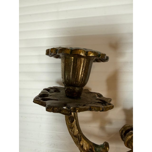 Early 20th Century Antique Ornate Brass Double Arm Piano Sconce For Sale - Image 5 of 12