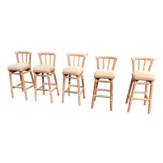 Set of 5 Vintage McGuire San Francisco Bar Stools With Rawhide Lashing For Sale