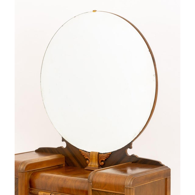 Wood American Art Deco Mirrored Marquetry Inlaid Walnut Vanity and Chair For Sale - Image 7 of 16