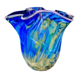 Large Blue Swirl Ruffled Handkerchief Art Glass Vase | Studio Glass Fazzoletto 15"h Artist Signed For Sale