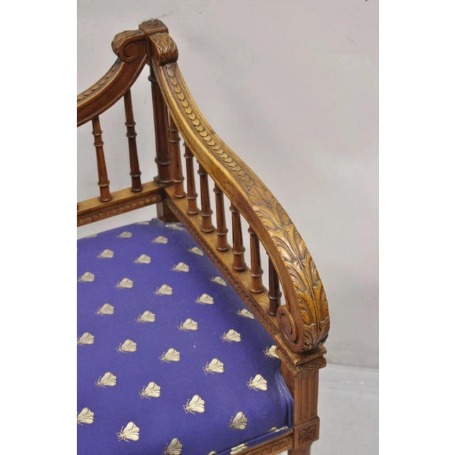 Antique French Louis XVI Style Carved Walnut Lyre Harp Corner Lounge Chair Pair For Sale In Philadelphia - Image 6 of 12