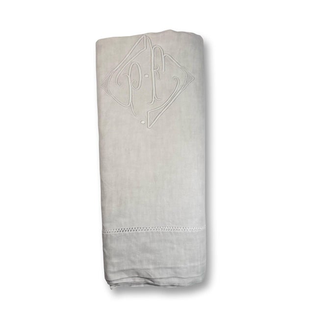Antique French Linen Sheet Circa 1920 Pf Monogram Whitework Embroidery Handworked Hemstitch Trousseau Bedding For Sale - Image 4 of 12