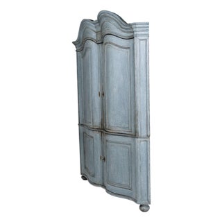 Large Baroque Corner Cabinet in Original Blue Paint and Brass Fittings, 1780s For Sale