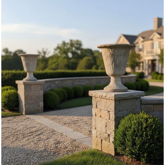 Pair of Brutalist Cast Stone Sculptural Urns on Footed Base For Sale - Image 10 of 10