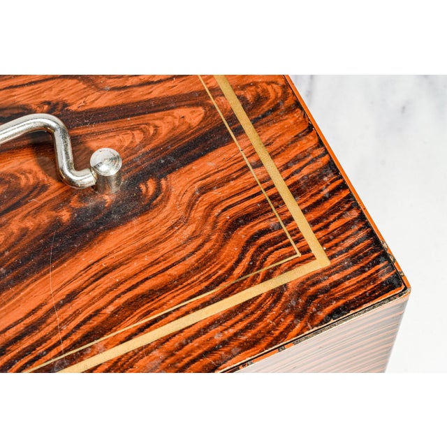 Amazing Antique Painted Faux Wood Metal Lock Strong Box With Key Home Office Decor For Sale - Image 4 of 16