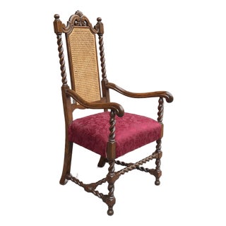 Early 20th C. Jacobean Style Barley Twist Oak, Cane & Upholstered Seat Armchair For Sale