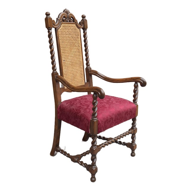 Early 20th C. Jacobean Style Barley Twist Oak, Cane & Upholstered Seat Armchair For Sale