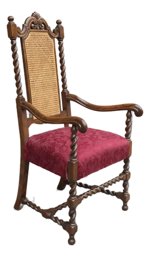 Early 20th C. Jacobean Style Barley Twist Oak, Cane & Upholstered Seat Armchair