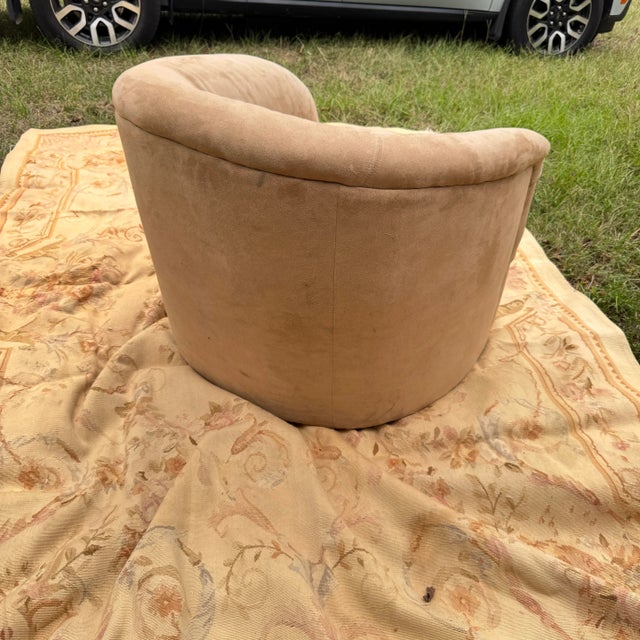 Animal Skin 1990s Milo Baughman Style Suede Upholstered Barrel Back Swivel Chair For Sale - Image 7 of 12