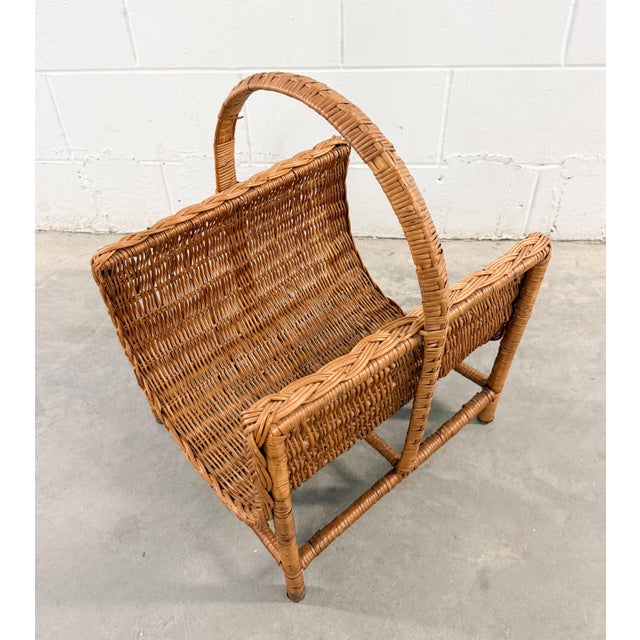 Wood Vintage Wicker Footed Basket With Braided Edge Firewood and Magazine For Sale - Image 7 of 8