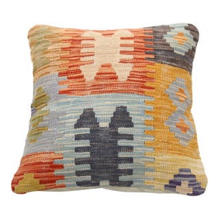 Arteverk Handwoven Afghan Kilim Pillow — Orange & Gray Tribal Motif For Sale