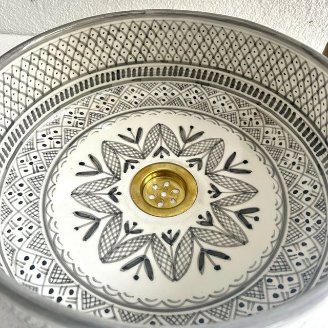 Gray Handcrafted Ceramic Pottery Round Vessel Washbasin Sink With Brass Drain For Sale - Image 9 of 10