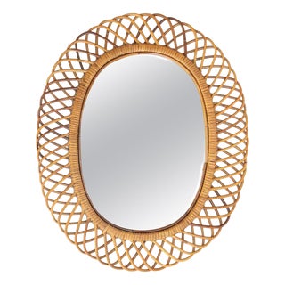 Vintage Rattan Wall Mirror in Midollino, Italy, 1950s For Sale