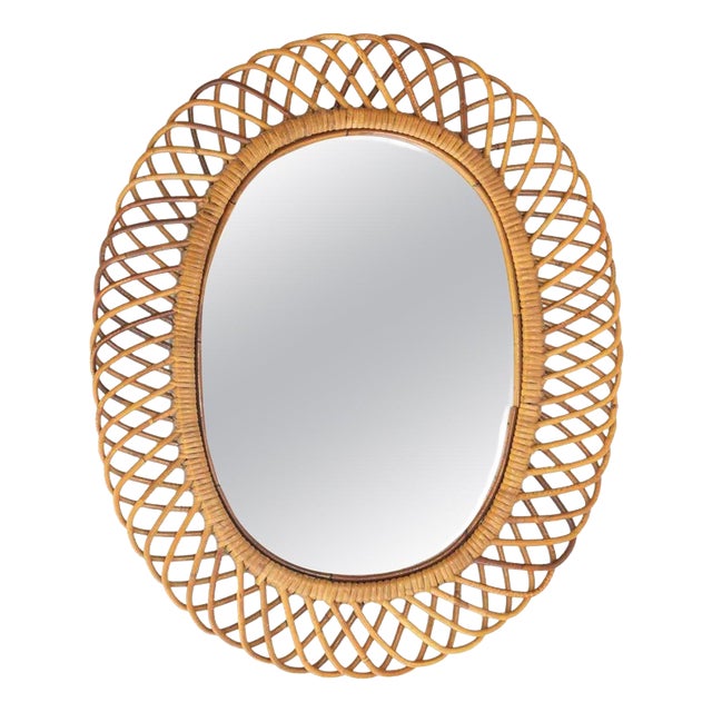 Vintage Rattan Wall Mirror in Midollino, Italy, 1950s For Sale