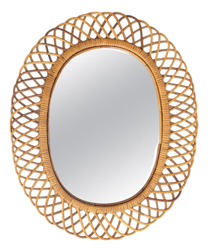 Vintage Rattan Wall Mirror in Midollino, Italy, 1950s