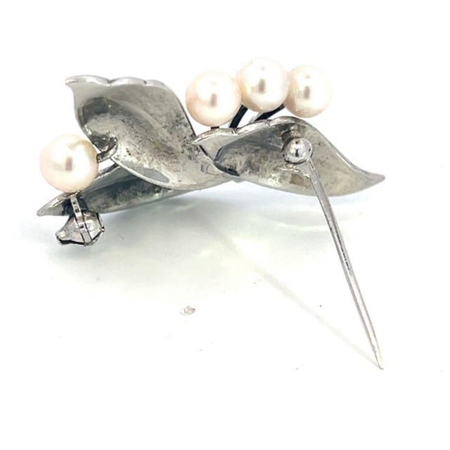 Japanese 1990s Mikimoto Estate Akoya Pearl Floral Brooch Sterling Silver 5 mm For Sale - Image 3 of 6