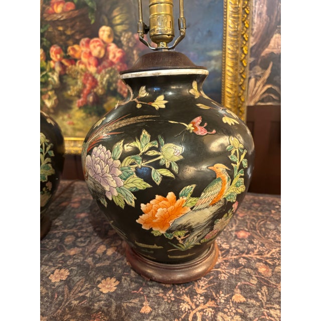 Vintage Japanese Famille Noire Black Porcelain Table Lamps - Hand Painted - a Pair For Sale In Seattle - Image 6 of 9
