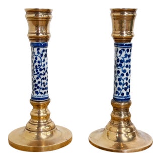Vintage Delft Porcelain and Brass Candlestick Holders, a Pair For Sale