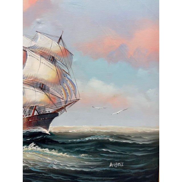 1980s 1980s Oil Painting on Canvas of a Vessel in the Sea Beautiful Ship, Signed Angell For Sale - Image 5 of 11