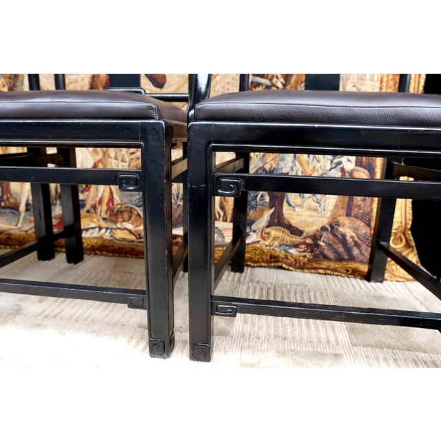Early 20th Century Black Lacquer Chinese Influence Charcoal Leather Dining Chairs- Set of 4 For Sale - Image 9 of 13
