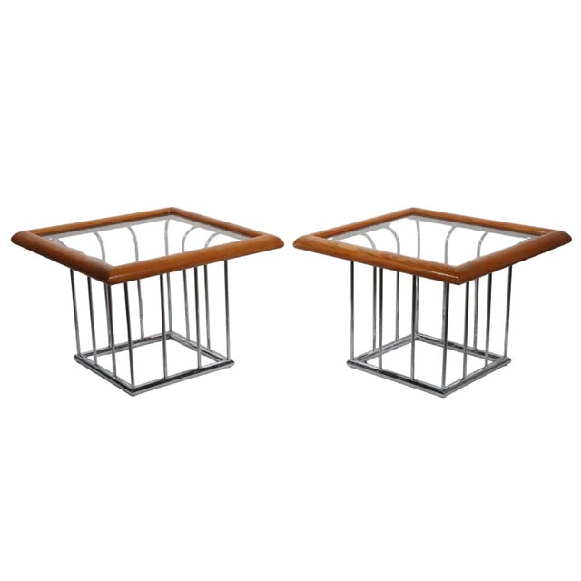 Mid-Century Modern Pr. Chrome Oak and Glass End Tables After Baughman Circa 1970's For Sale - Image 3 of 12