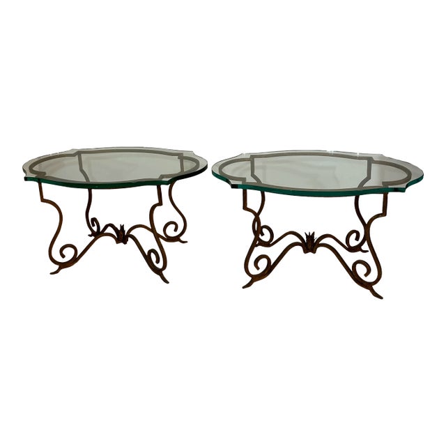 Italian Curly Gilt Iron and Thick Notched Glass Hollywood Regency Side Tables a Pair For Sale